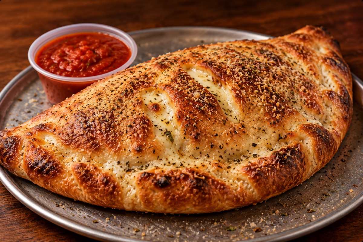 A golden baked calzone with a cup of marinara sauce